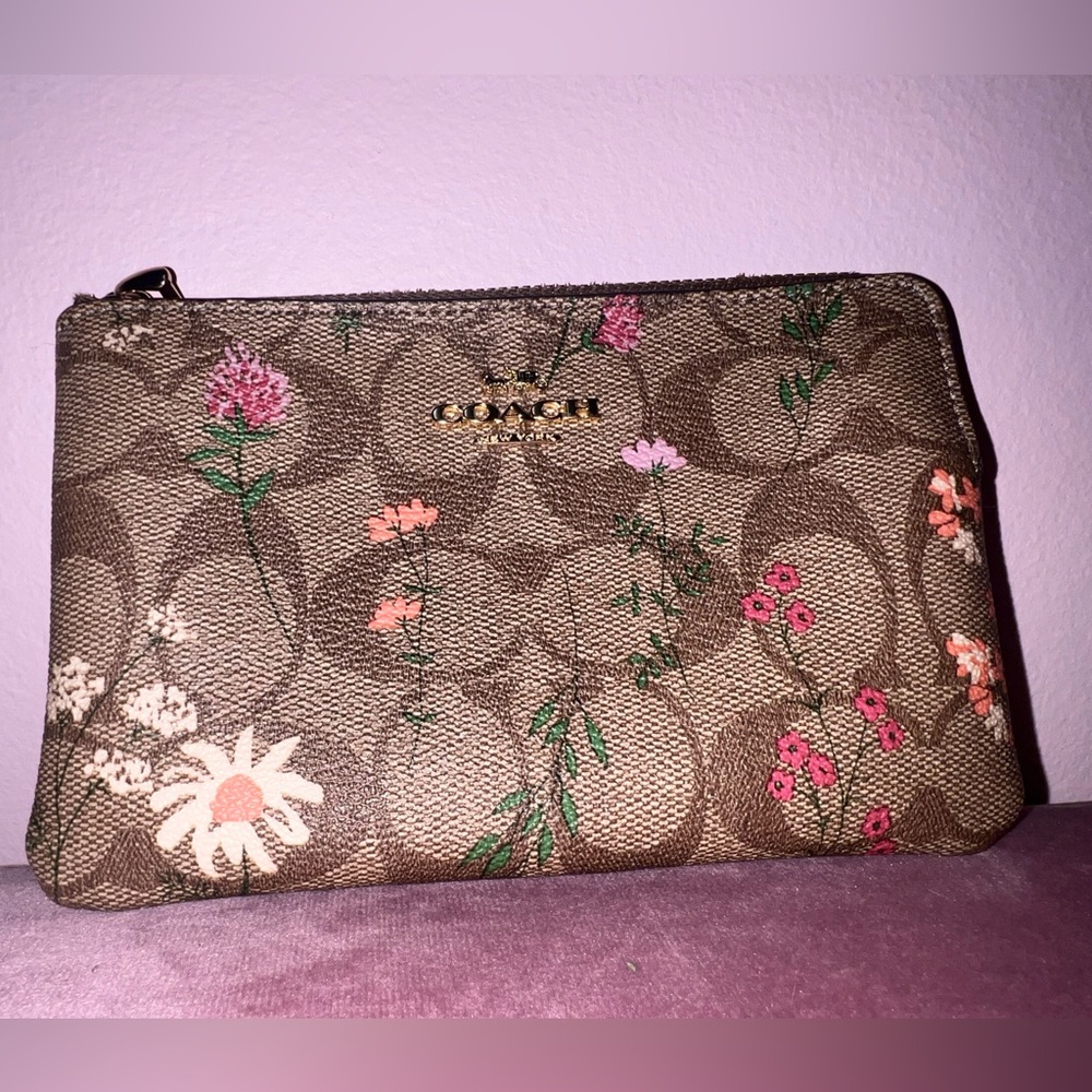Coach Floral Signature Zip Wristlet - Brown with Pink & Green Accents